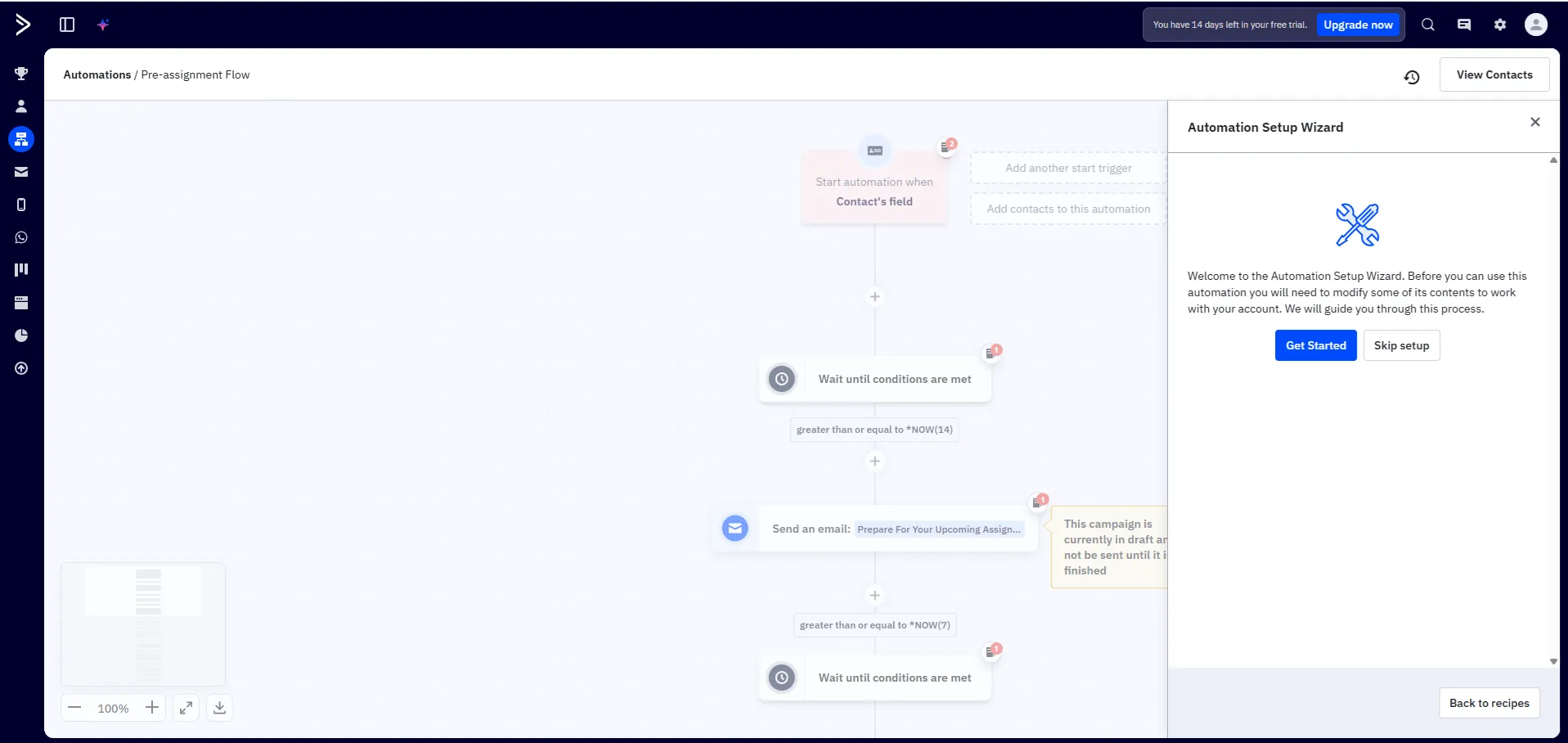 ActiveCampaignin automaatioeditori: monivaiheinen työnkulku ajastettujen viestien ja ehtojen kanssa