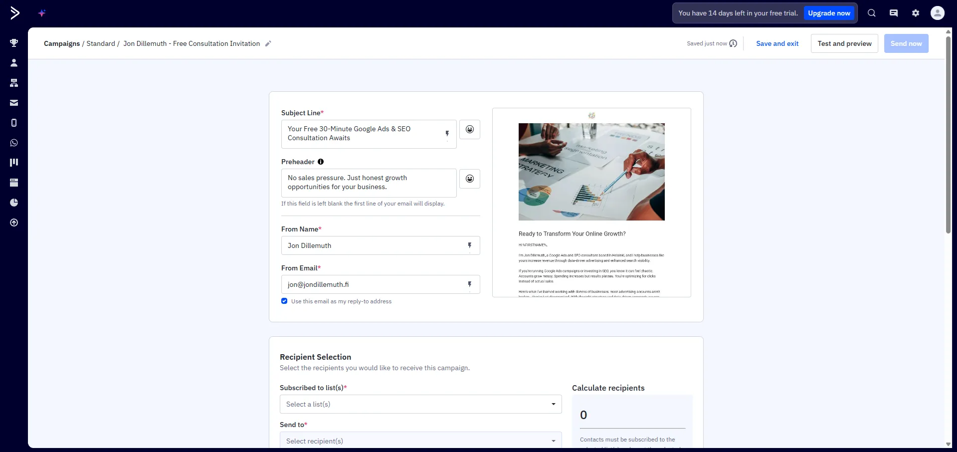 ActiveCampaignin kampanjaeditori: subject line, esikatselu ja Predictive Sending -ajastus