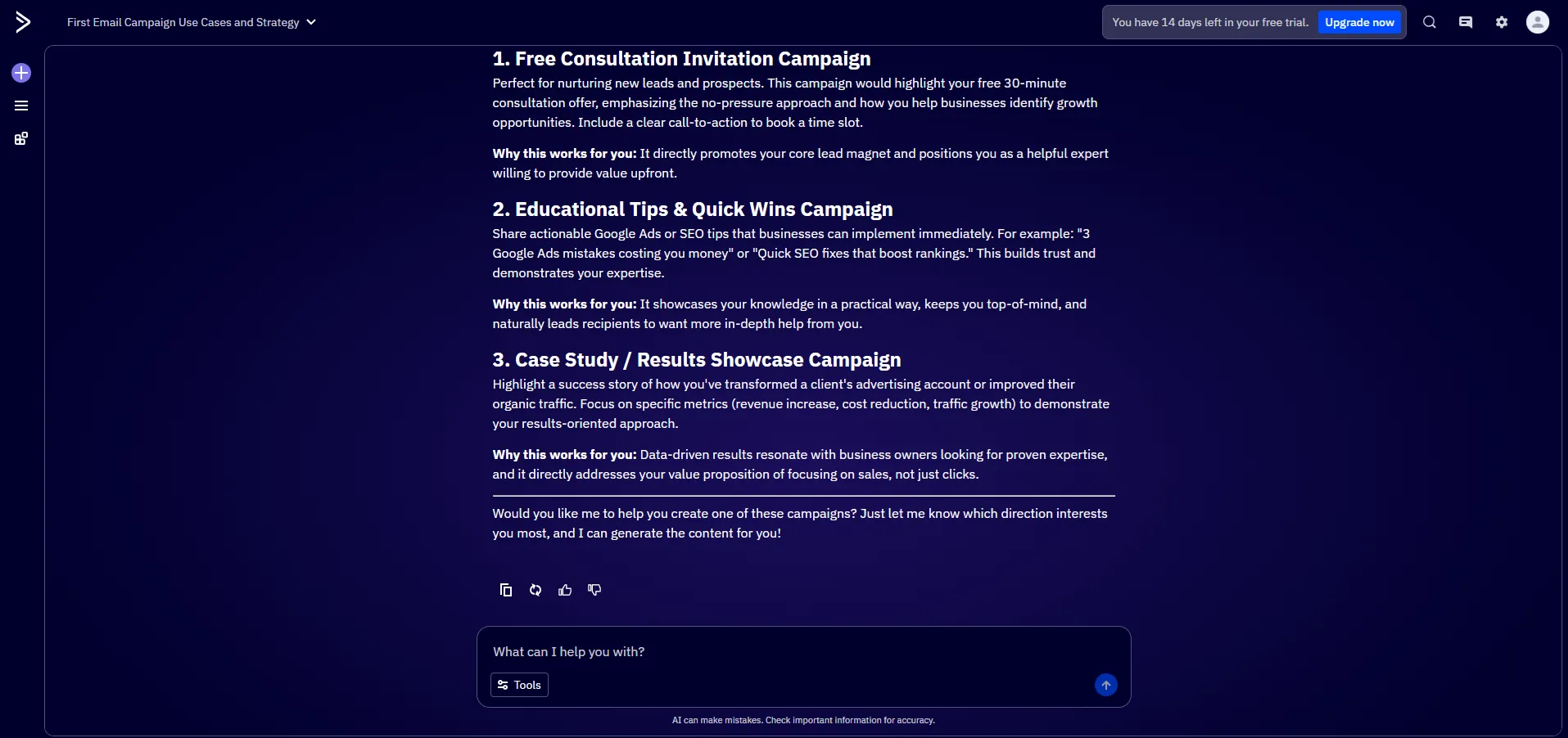 ActiveCampaignin tekoälyavustaja ehdottaa kampanjatyyppejä yrityksen profiilin perusteella
