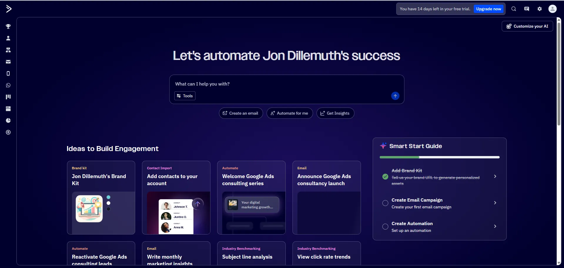 ActiveCampaignin dashboard: tekoälypohjainen aloitusnäkymä personoiduilla kampanjaehdotuksilla
