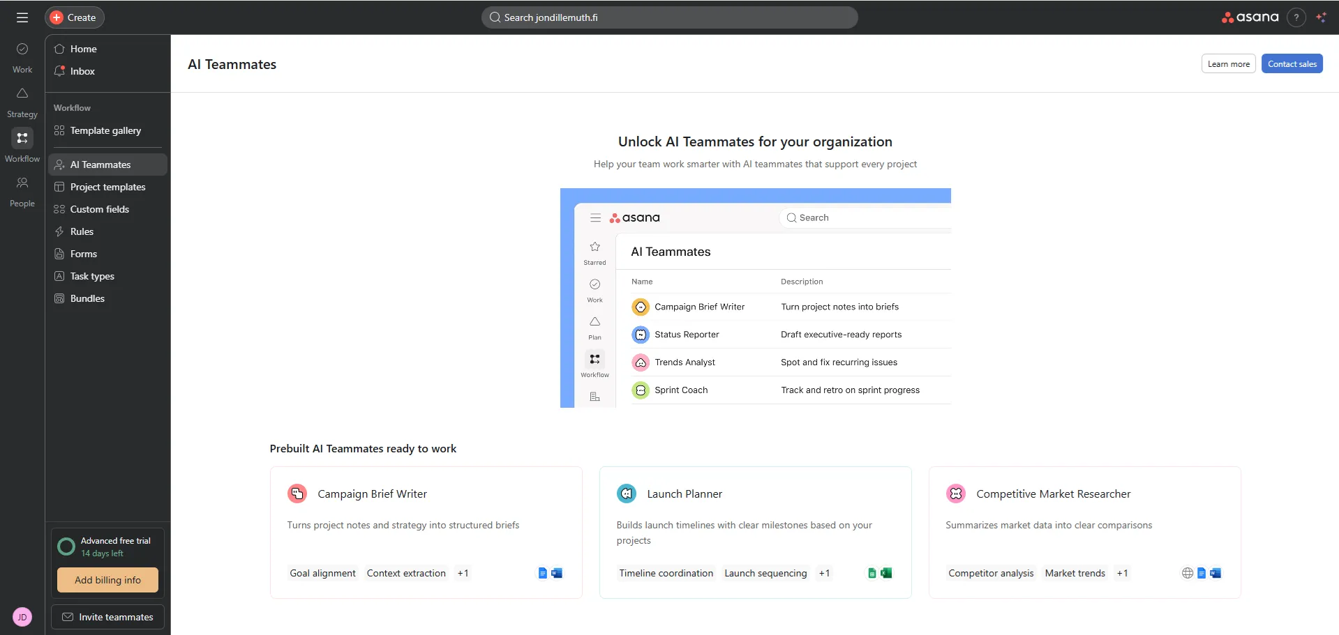 Asanan AI Teammates: prebuilt AI-agentit kuten Campaign Brief Writer, Status Reporter ja Trends Analyst