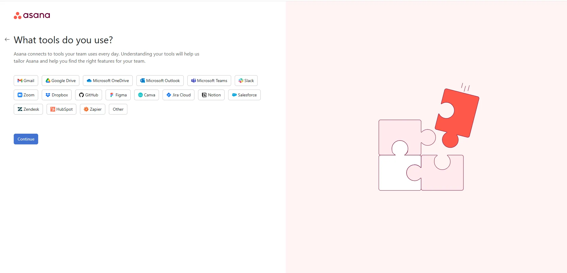 Asanan rekisteröintivaihe: "What tools do you use?" tarjoaa välittömästi Gmail, Slack, HubSpot, Notion, Figma ja kymmenet muut integraatiot