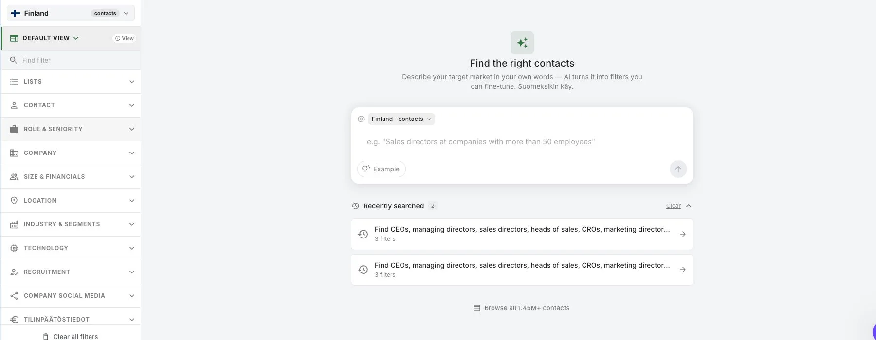 Clevenion Target Market Search -käyttöliittymä ja AI-hakukenttä