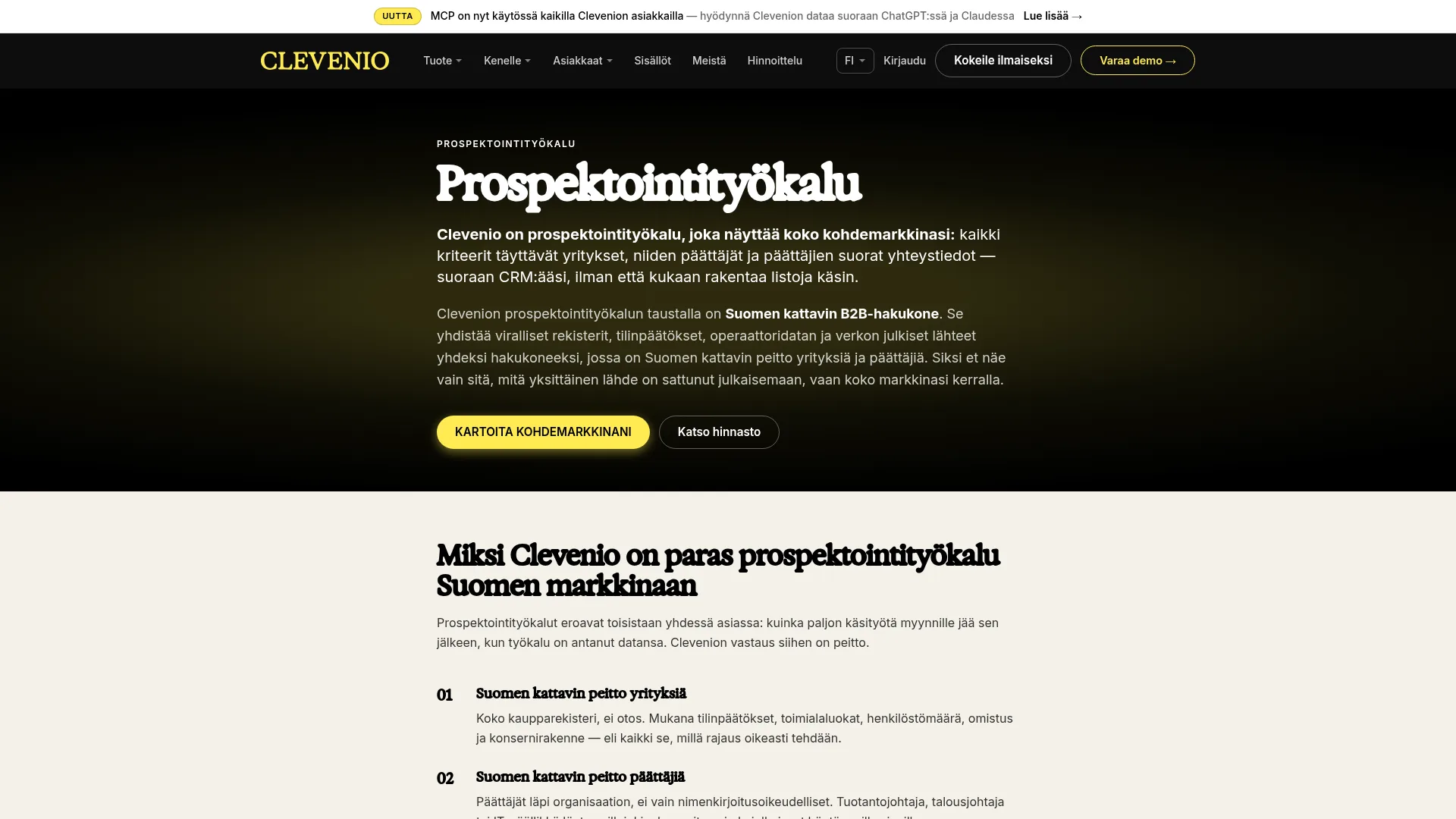 Clevenion julkisen prospektointityökalusivun aloitusnäkymä
