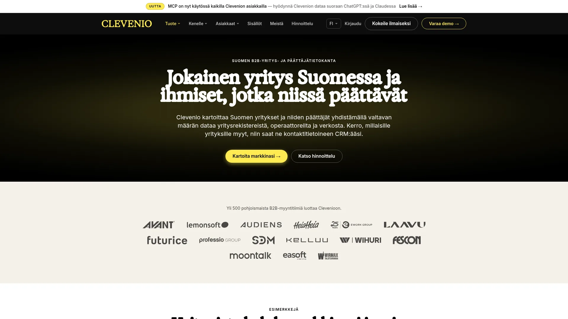 Clevenion julkisen Suomen B2B-tietokantasivun aloitusnäkymä