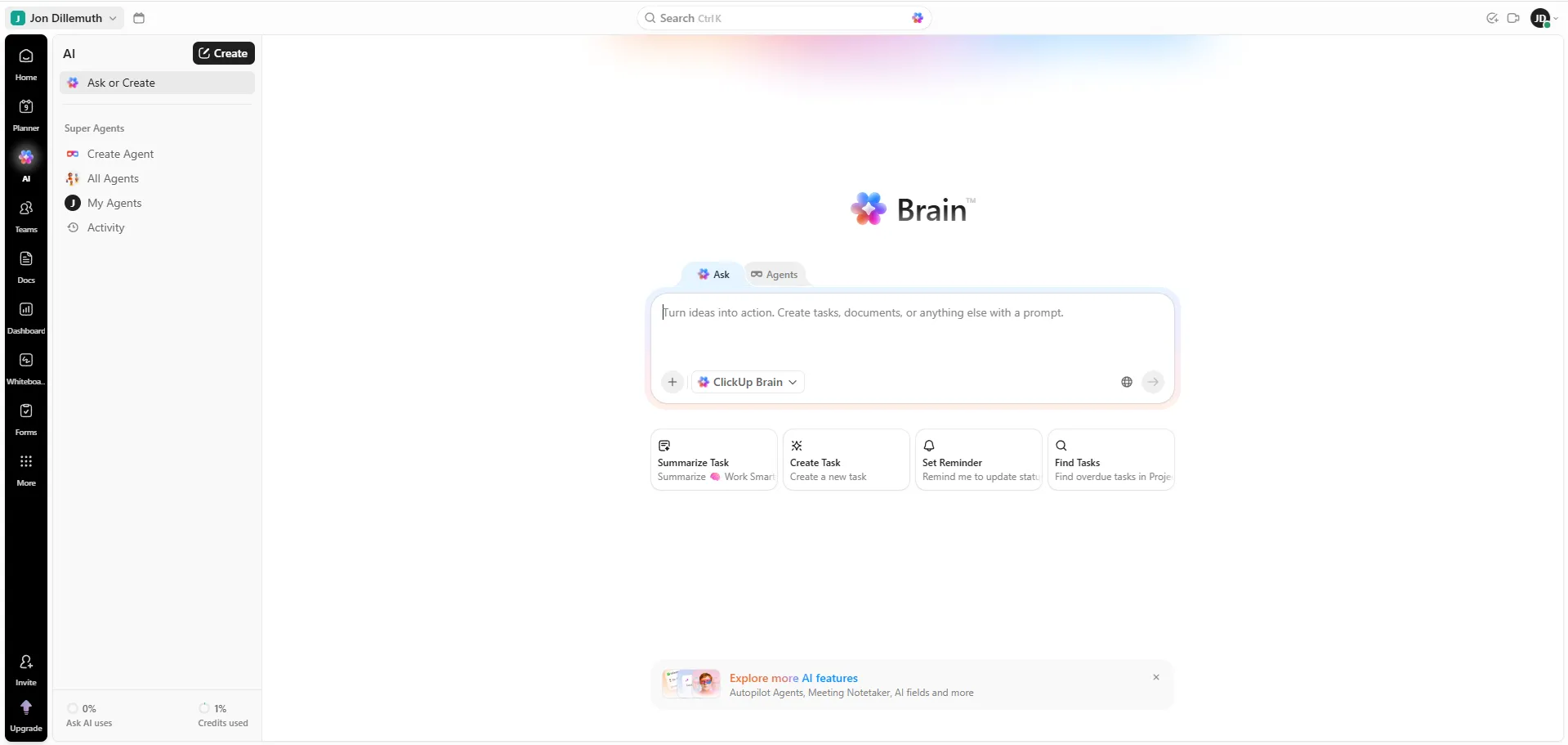 ClickUp Brain: Ask-näkymä chat-tyyppisellä kyselyllä ja valmiilla pikakomennoilla (Summarize Task, Create Task, Set Reminder, Find Tasks)