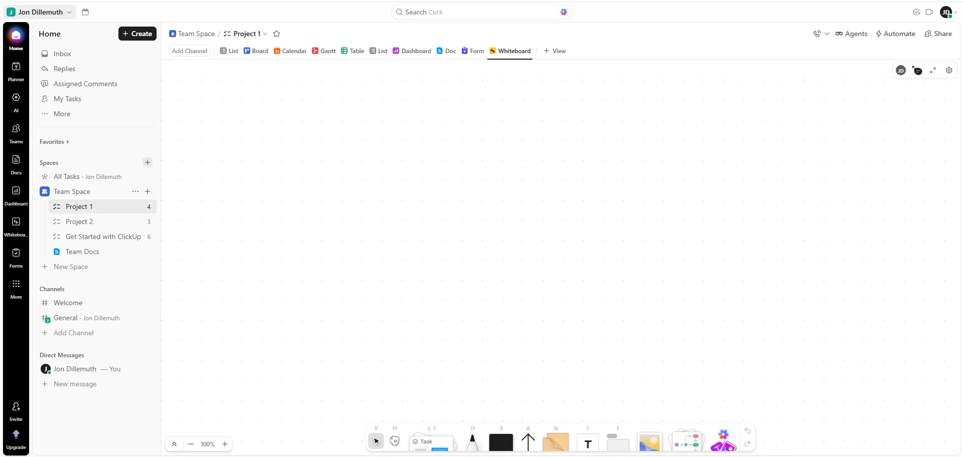 ClickUpin Whiteboard-näkymä: rajaton piirtoalusta suoraan projektin sisällä ilman erillistä Miro- tai FigJam-tilausta