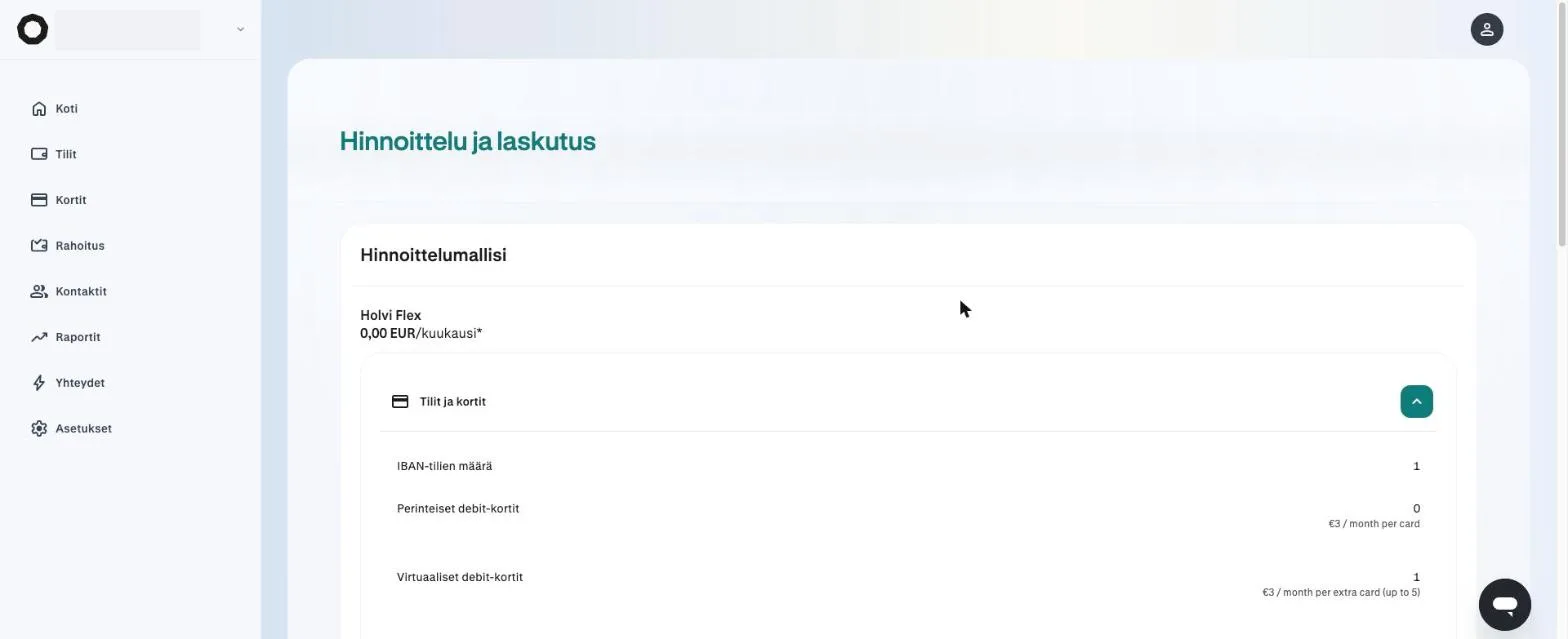 Holvin Hinnoittelu ja laskutus -näkymä: Holvi Flex 0,00 euroa kuukaudessa, yksi IBAN-tili ja yksi virtuaalinen debit-kortti