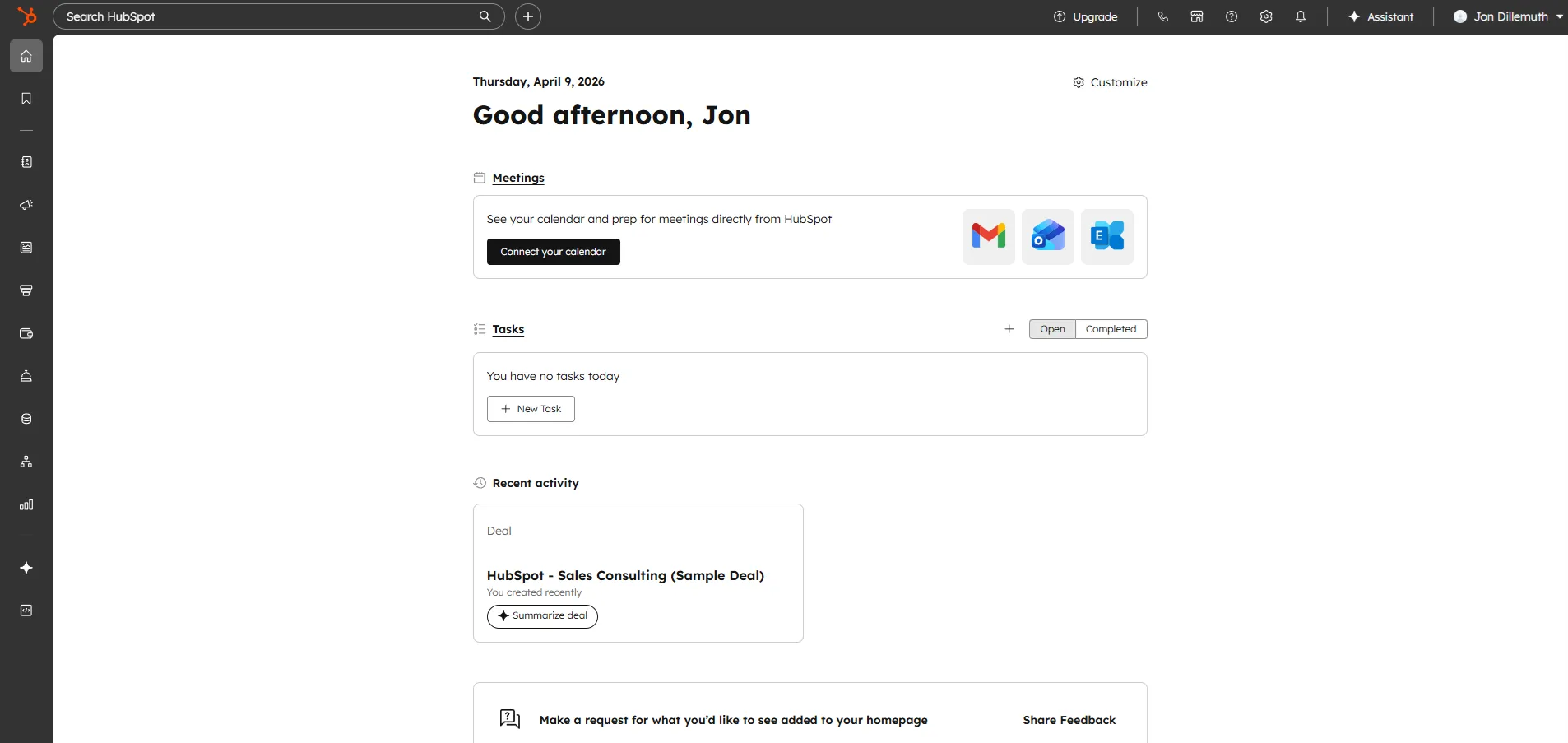 HubSpotin päänäkymä: dashboard, Meetings, Tasks ja Recent activity — CRM:n aloituspiste valmiiksi ladatulla näytedatalla