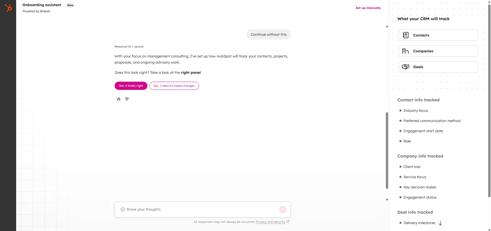 HubSpotin Breeze-tekoälyavustaja ohjaa käyttäjää chatin kautta luomaan myyntiputken ja CRM:n perusrakenteet