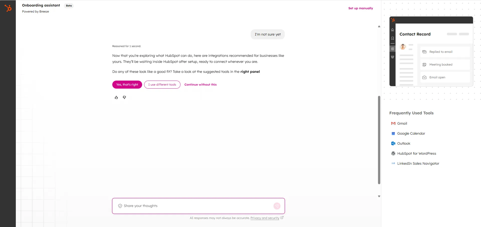 HubSpotin Breeze-tekoälyavustaja ohjaa CRM:n pystytystä chat-käyttöliittymässä: kysyy fokusta ja rakentaa rakenteen