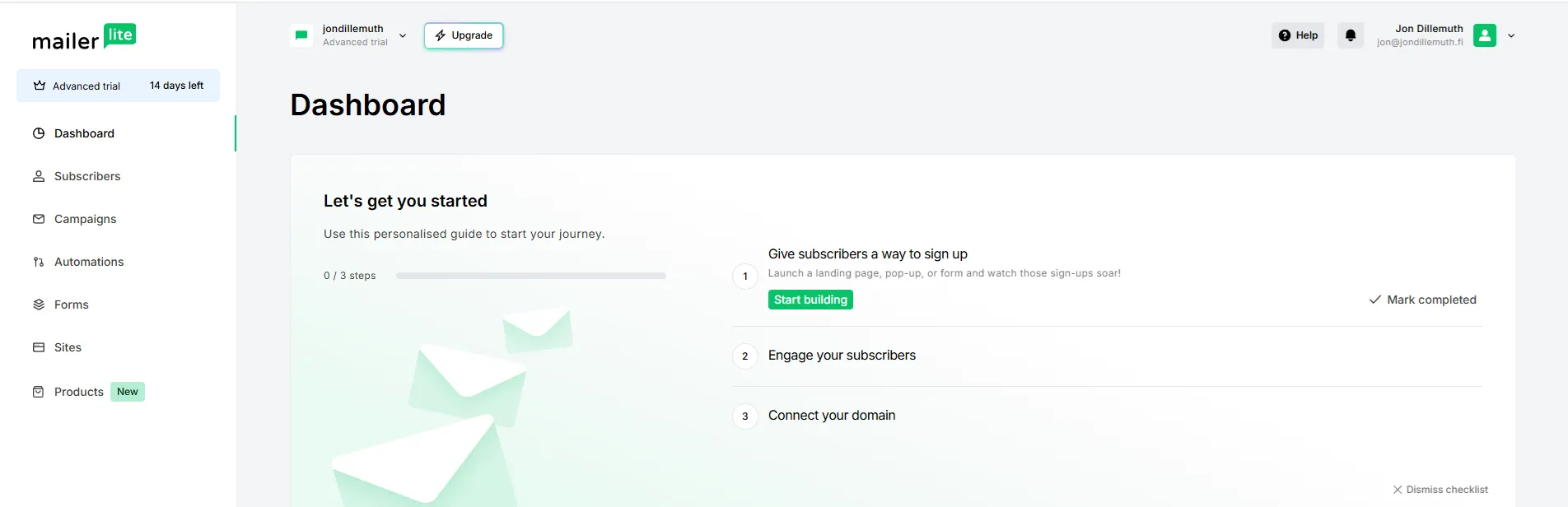 MailerLite käyttöliittymä - kuvakaappaus tuotteesta