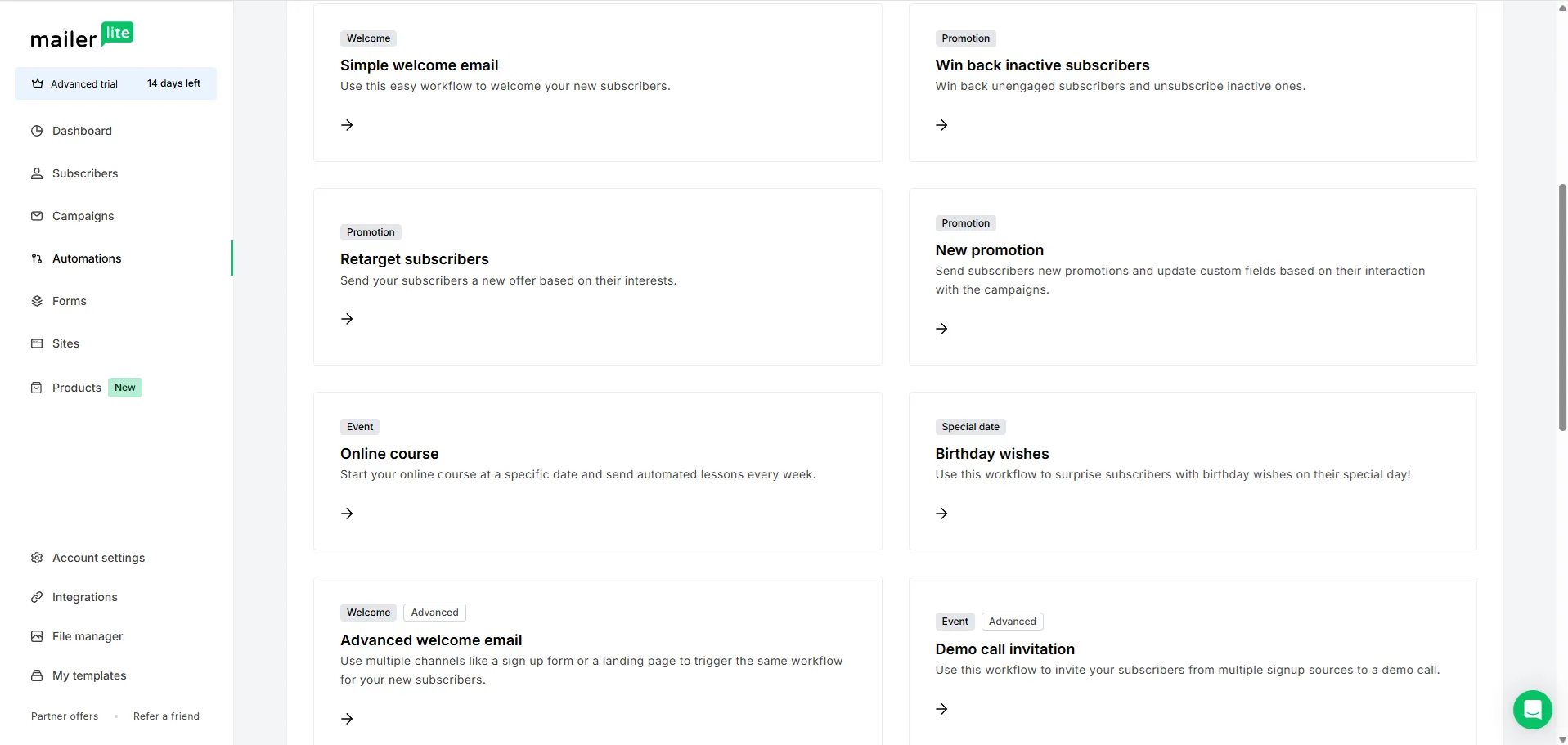 MailerLiten valmiit automaatiopohjat: tervetuloviestit, promootiot, verkkokurssit ja syntymäpäivätoivotukset