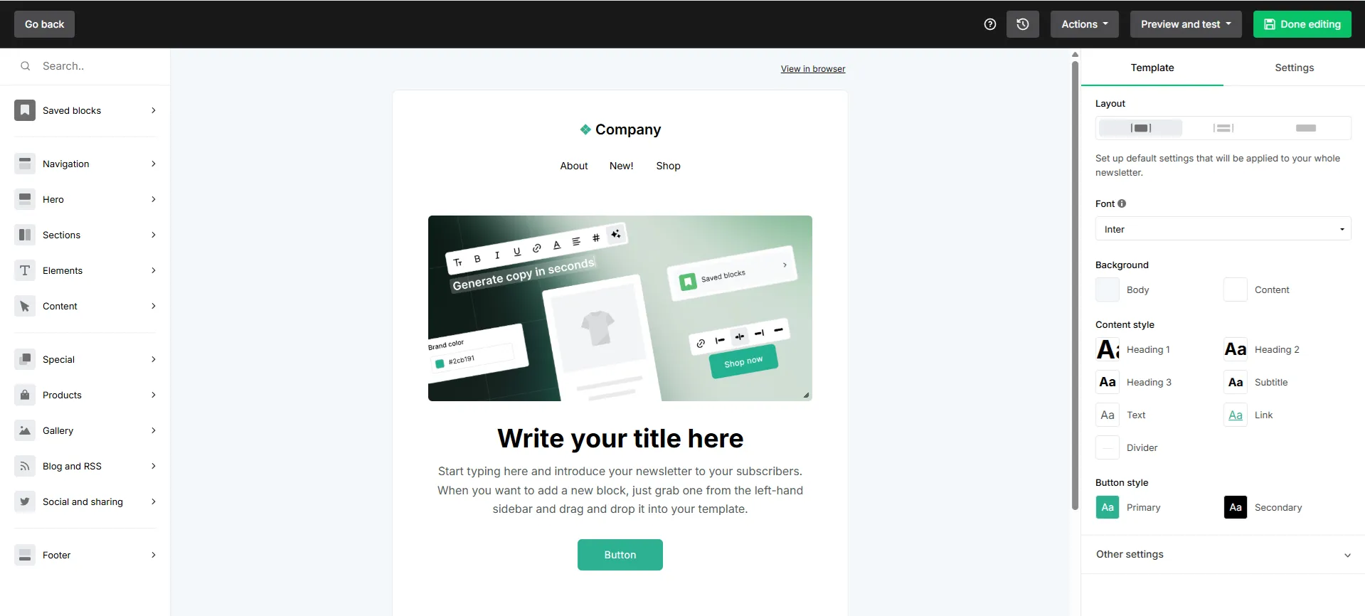 MailerLiten drag-and-drop-editori kampanjanäkymässä