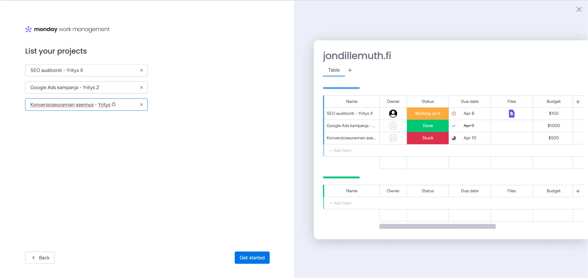 Monday.comin ohjattu käyttöönotto reaaliaikaisella esikatselulla — vasemmalla valinnat, oikealla board rakentuu samalla