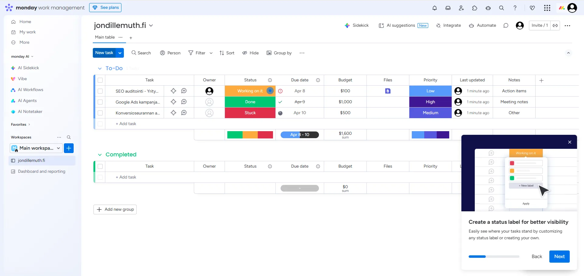 Monday.com käyttöliittymä - kuvakaappaus tuotteesta
