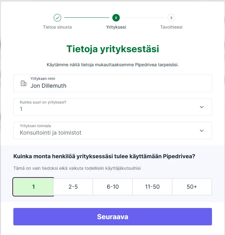 Pipedriven ohjattu käyttöönotto: yrityksen koko ja toimiala -vaihe suomeksi
